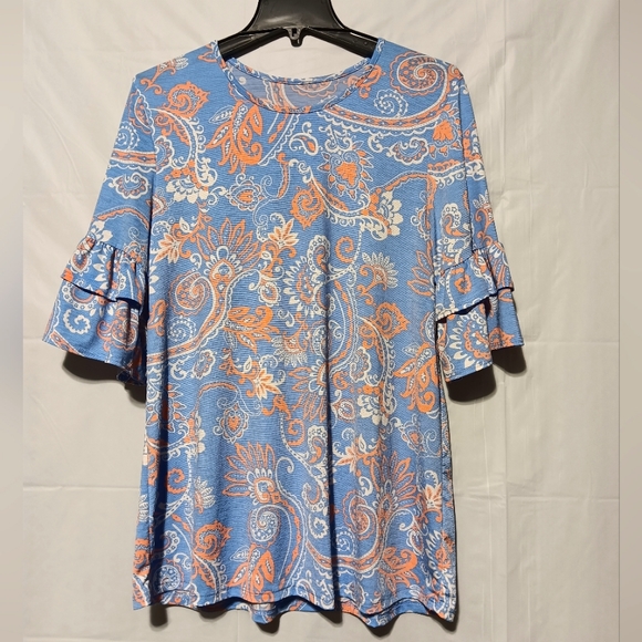 Adorable EUC Women's Tunic Blouse, Size Large, Elbow Double Ruffle Bell Sleeves - Picture 1 of 6